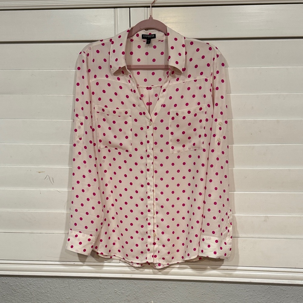 Express White and Pink Polka Dot Button Down Shirt